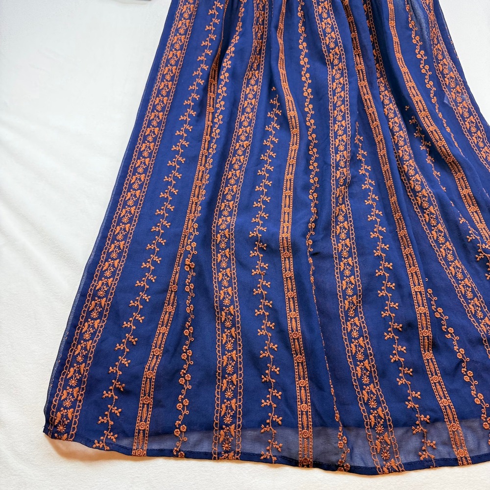 BCBGMAXAZRIA Navy Blue Orange Embroidered Lace Trim Maxi Dress Long Sleeve XXS - Picture 6 of 16